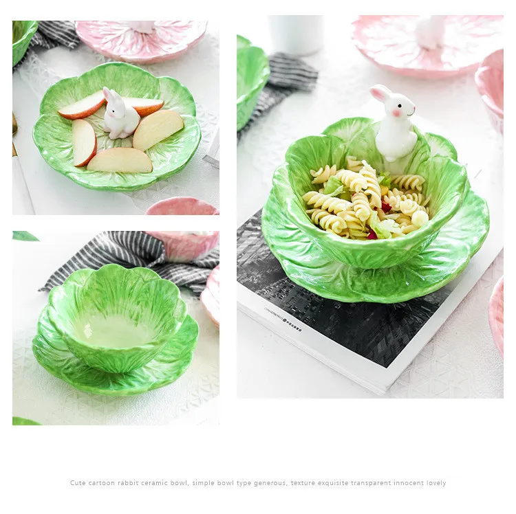 Cute Rabbit Cabbage Ceramic Plate Floral Round Salad Bowl Porcelain Dinner Plate Steak Fruit Tray Decorative Snack Dishes Plate