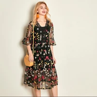 organza embroidery romantic women dress 2019 summer new five point sleeve long dress womens two piece suit fashion v neck