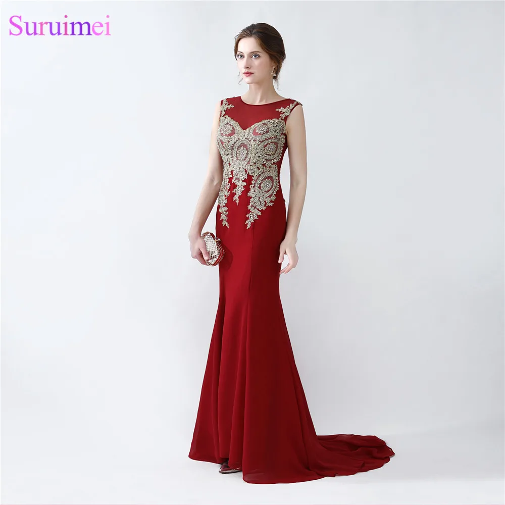 

Burgundy Chiffon Prom Dresses With Gold Embroidery Beaded Mermaid Prom Gown Free Shipping