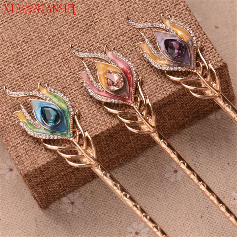 Заколка для волос с павлиньими перьями и кристаллами|crystal hair sticks|hair stickfeather hairpin |
