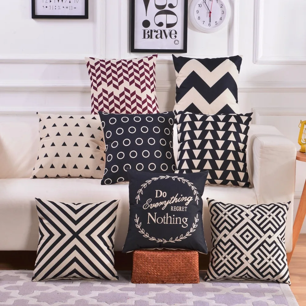 Белый черный Геометрия узор Чехлы с геометрическим принтом наволочки льняные и