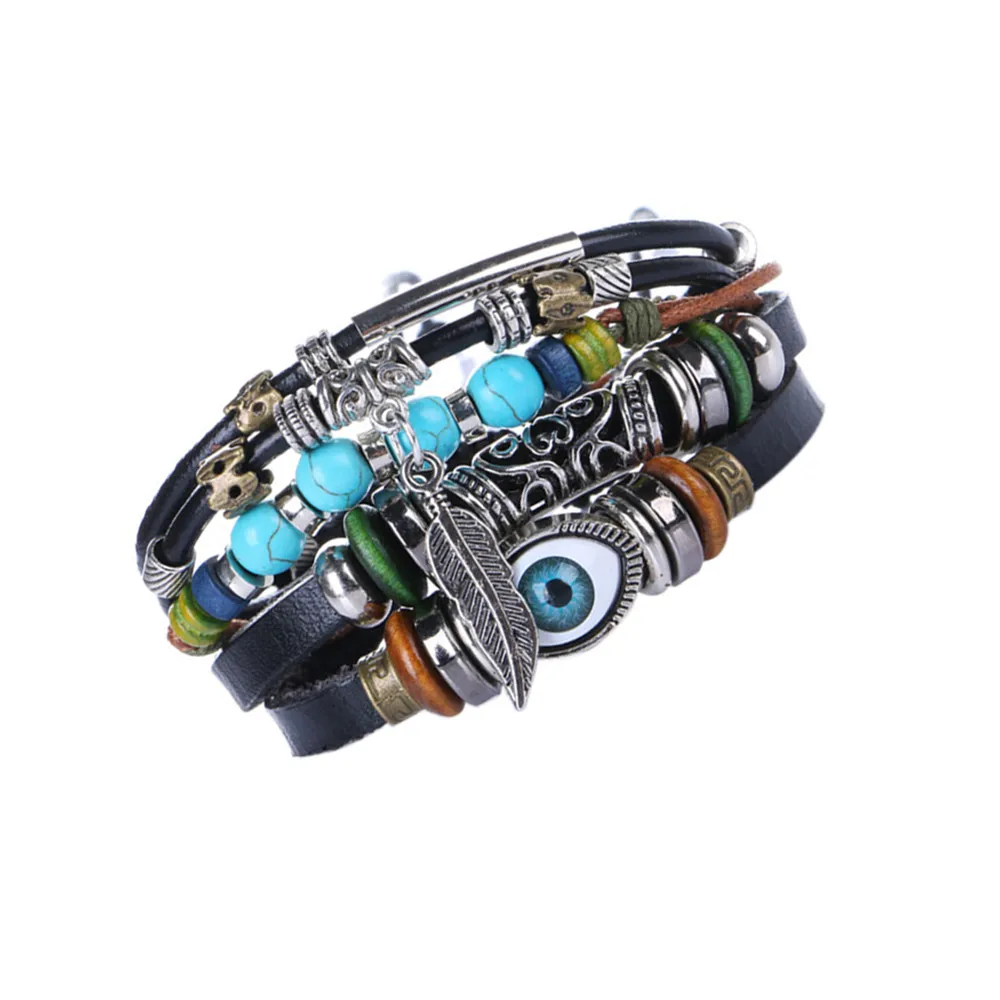 Мода Мужская кожа DIY браслет для Для женщин мужчин Винтаж глаз Сплав Бусины