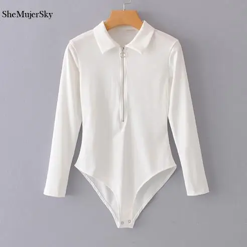 white bodysuit SheMujerSky твердый боди Женский эластичный длинный рукав с отложным воротником боди с молнией комбинезон - Цвет: white bodysuit