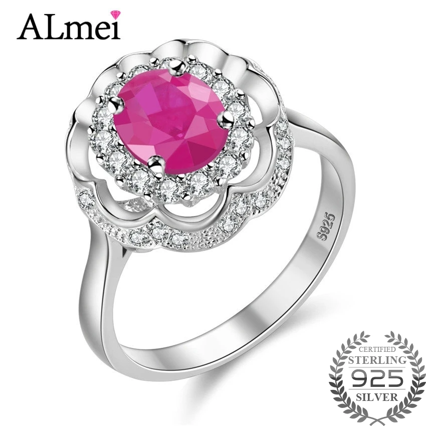 Женское серебряное кольцо Almei Fine Gem Oval Ruby Flower настоящее чистое Твердое Серебро 925