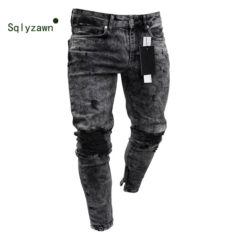 Мужские джинсы с заниженной талией облегающие рваные потертые плиссированные