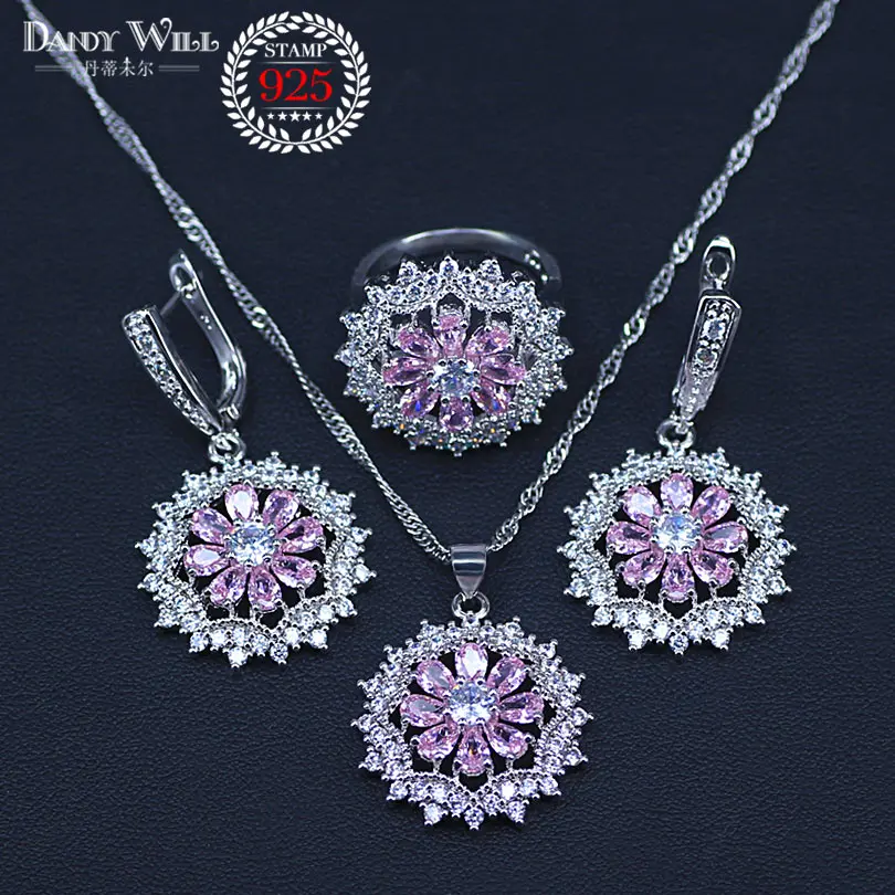 silver color Women Bridal Jewelry Sets Pink Zircon Necklaces Pendants Ring Earrings Bracelets With Stones Set of Jewelery | Украшения и