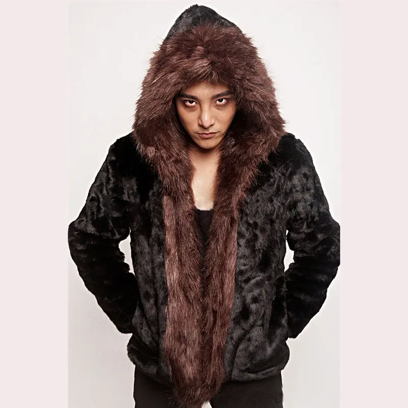 Новинка 2018 черные мужские шубы из искусственного меха кролика Рекс воротник
