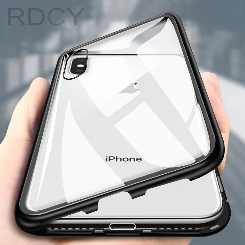 Металлический магнитный чехол RDCY для iPhone X XR из закаленного стекла с магнитом 8 7