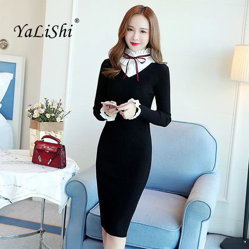 

2018 Plus Size Pencil Dress Autumn Women Black Long Sleeve Turtleneck Knee-length Casual Knitting Dress Red Party Wrap Dresses
