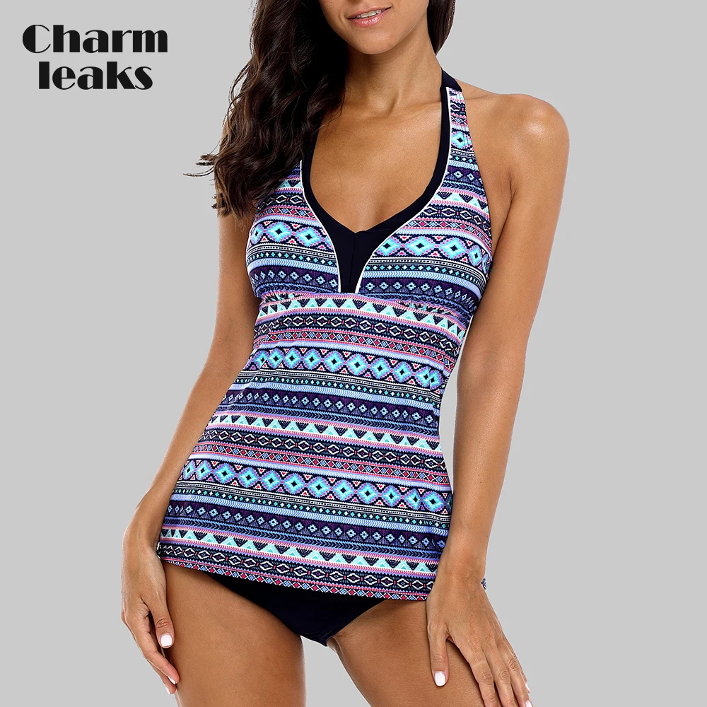 

Charmleaks Women Tankini Set Two Piece Swimwear Vintage Floral Printed Swimwear Tie Front Swimsuit Bikini Bathing Suit