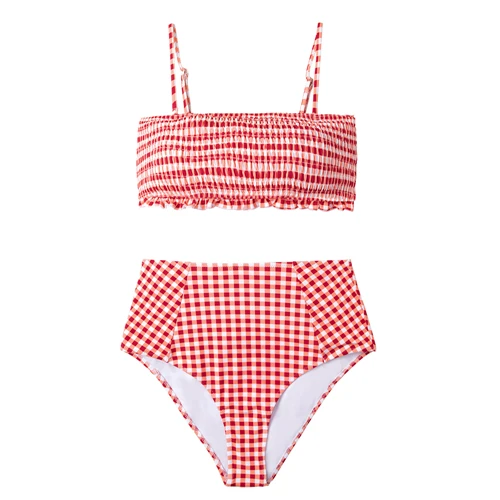 Красный CUPSHE пикантные туфли с красной Gingham Smocked бандо Бикини комплекты Для женщин милые Высокая Талия Двойка купальники Для Девочек Пляжные купальные костюмы - Цвет: Красный