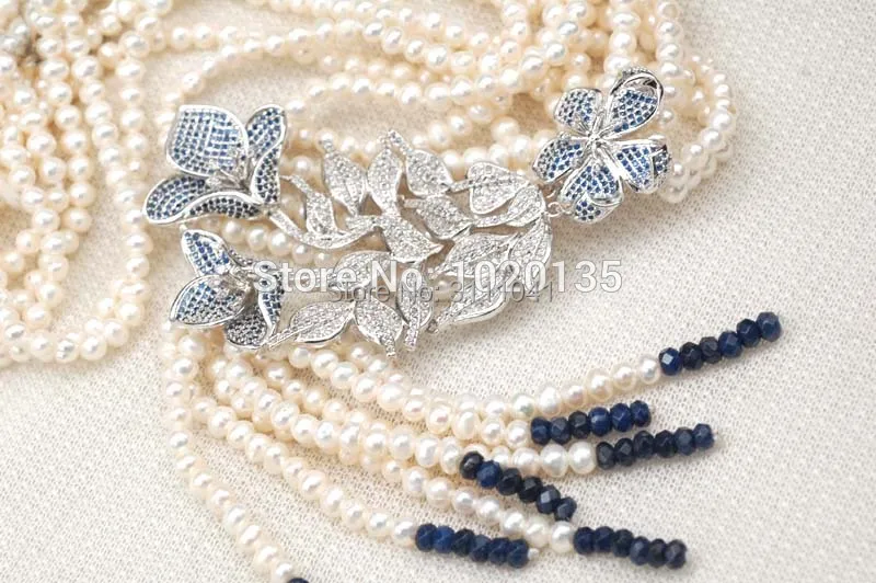 Серьги с пресноводной жемчужиной круглые и синие нефритовые цветы 6 рядов 3-5 мм