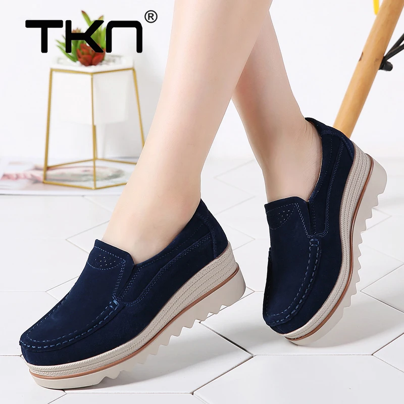 Женские кроссовки на плоской подошве мокасины толстой из кожи и замши Chaussure Femme