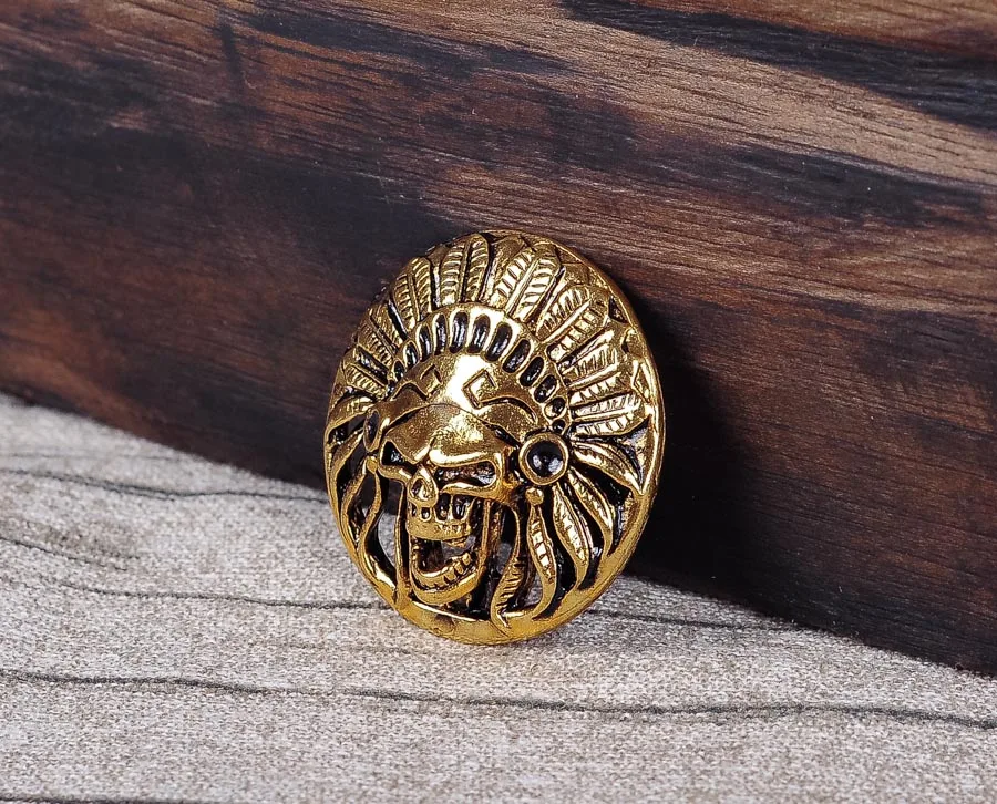 

10PC 31*31MM ANTIQUE BRASS FINISH SKULL INDIAN HEAD LEATHER CRAFT BUTTON DECORATION SCREWBACK