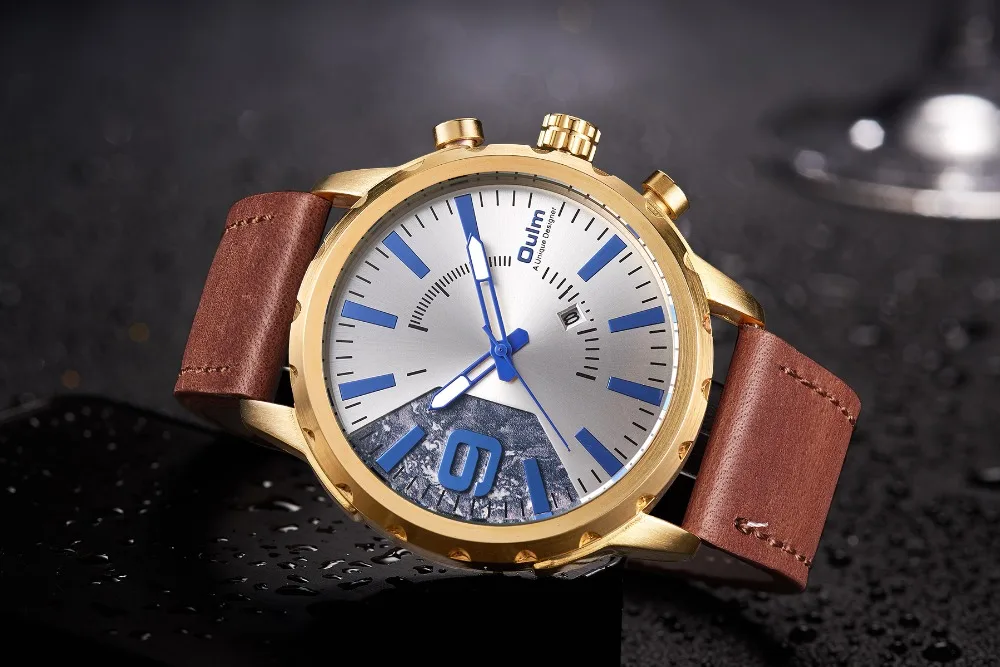 Мужские кварцевые часы OULM повседневные оверсайз с кожаным ремешком и календарем