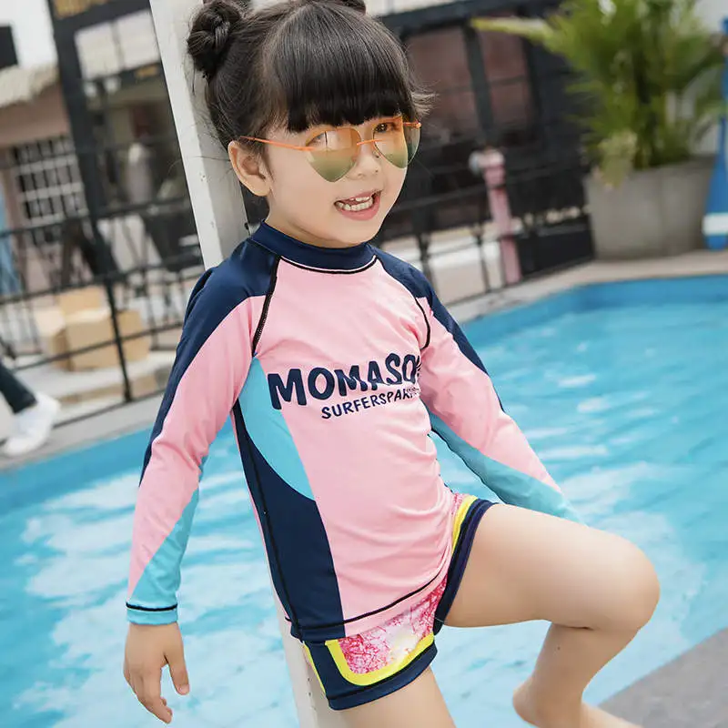 Retail Swimsuit for 3-8yrs Girls Long sleeve Blue Patchwork 2-Pieces Split swimwear with swimming Cap Surfing Costume | Спорт и