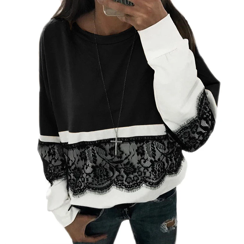 

2018 New autumn spring Women ladies long sleeve Sweatshirts Jumper Casual sheer lace floral patchwork loose Pullovers Tops