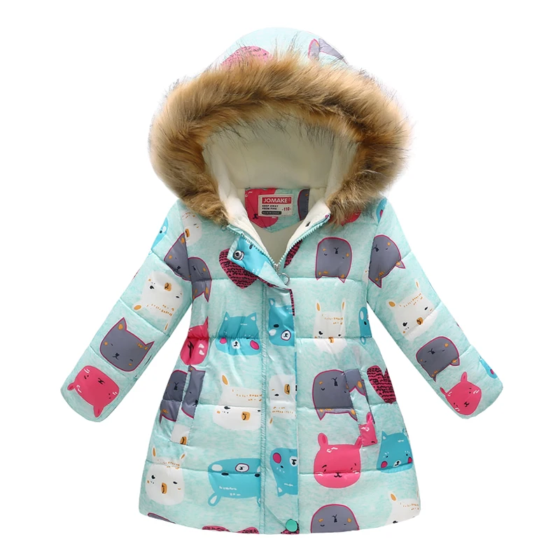 Winter Jackets for Girls Kids Fashion Cute Printed Parka Coats Thick Fleece Warm Children Fur Hooded | Детская одежда и обувь