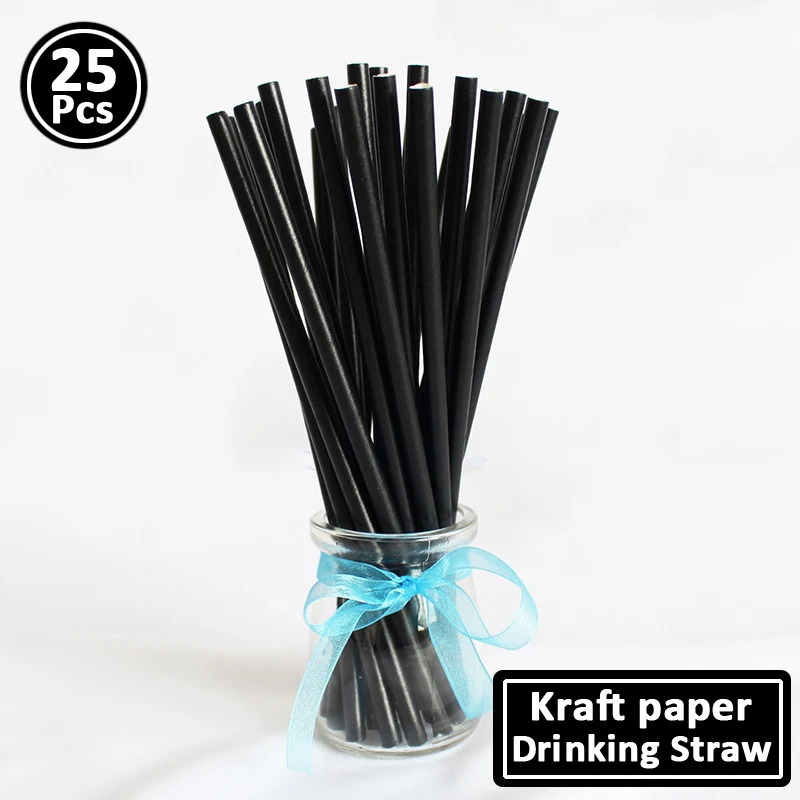 black kraft paper 25 шт. розы в ассортименте золото полосатый бумажные соломинки Одноразовая посуда для вечеринок ко дню рождения украшения детские товары для взрослых - Цвет: black kraft paper