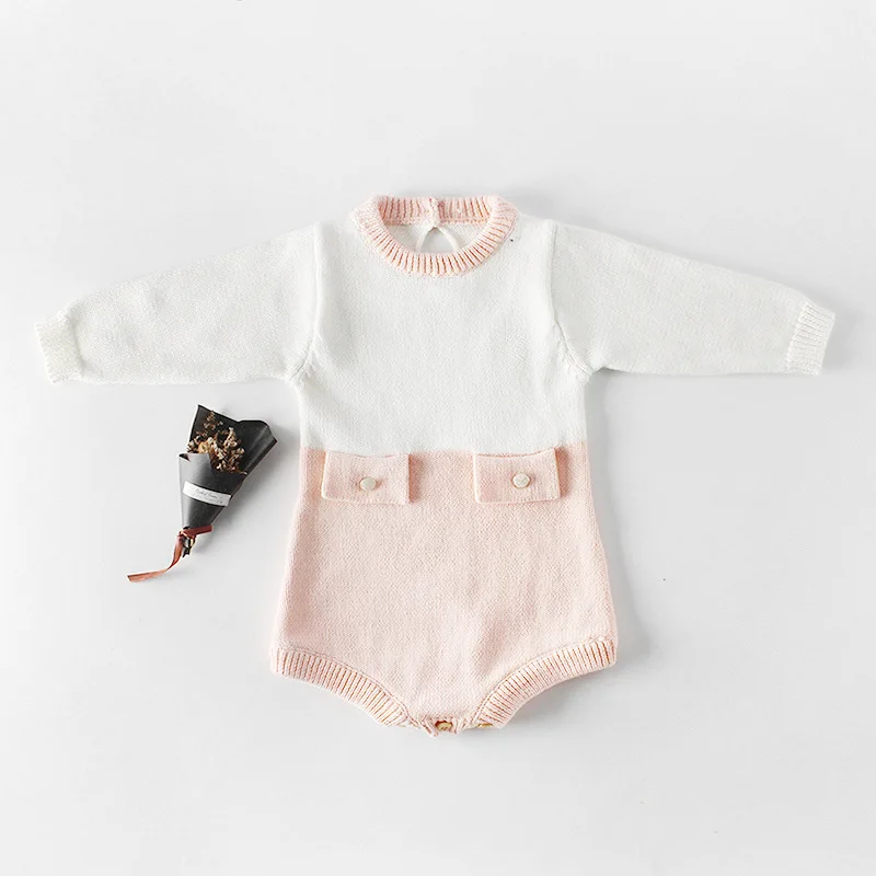 

Baby knitted romper long sleeve white pink color fashion sweet infant baby girls jumpsuit