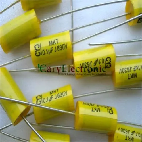 Wholesale and retail long leads yellow Axial Polyester Film Capacitors electronics 0.1uF 630V fr tube amp audio free shipping