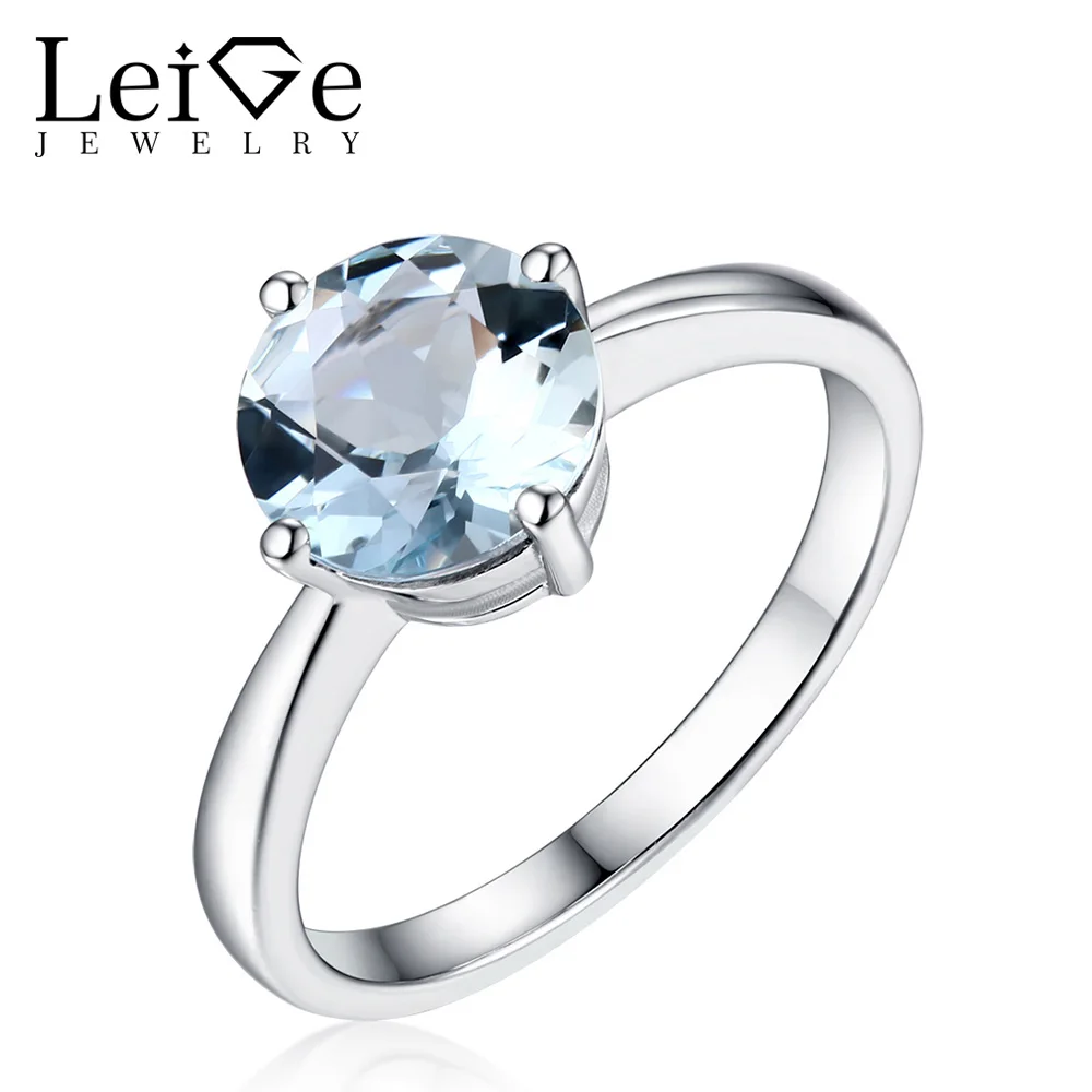 Leige Jewelry Round Cut Natural Aquamarine Ring Solitaire Gemstone Silver 925 for Women Wedding Anniversary Rings Christmas Gift | Украшения