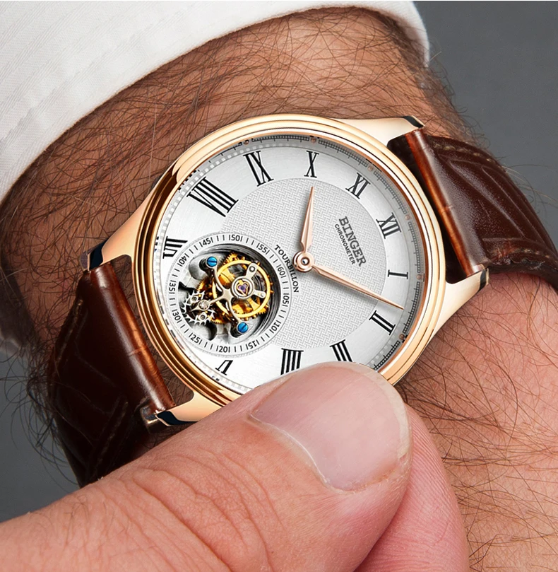 Высококачественные деловые часы BINGER Seagull Tourbillon, механические часы с крокодиловым кожаным ремешком, сапфировые Мужские автоматические часы