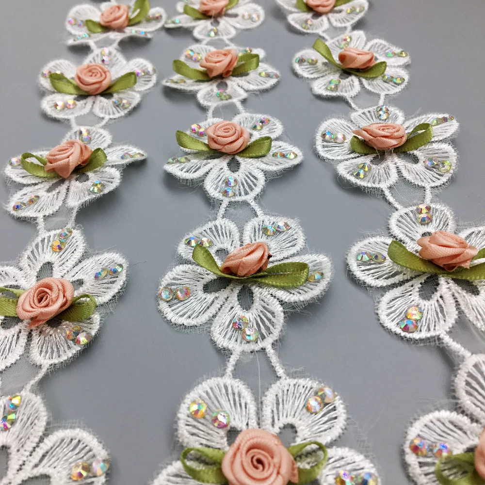 2 Yd полиэстер цветок Стразы кружевная отделка Лента вышитая швейная ткань