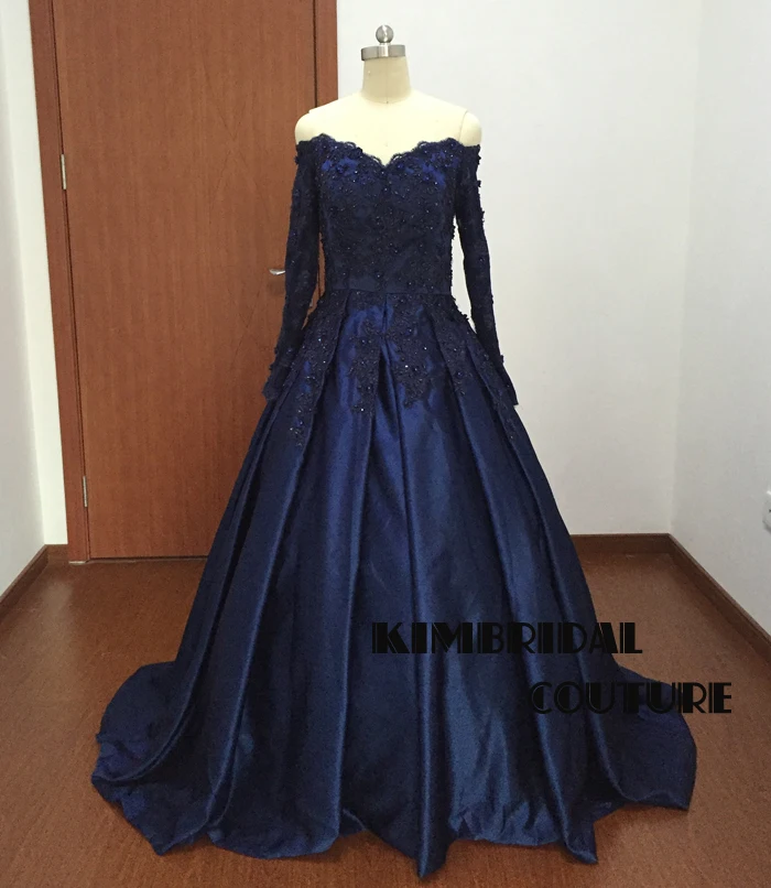 Атласное Вечернее платье в пол с длинным прозрачным рукавом|prom dresses real pictures|navy prom