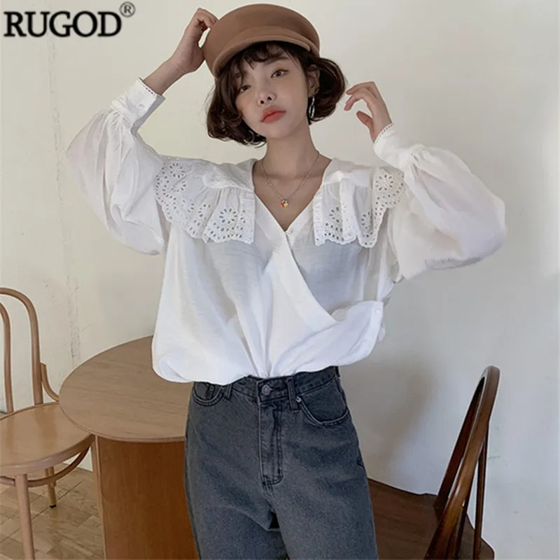 Женская кружевная блузка RUGOD белая Свободная с длинным рукавом-фонариком