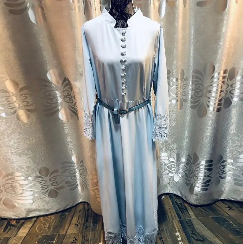 Sky blue dress Рамадан кафтан абайя мусульманское платье ислам ic одежда Абая для женщин Турция исламский хиджаб платье кафтан турецкий Tesettur Elbise Robe - Цвет: Sky blue dress