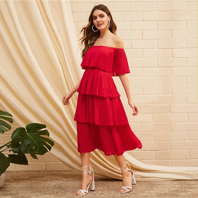 SHEIN Стильное Платье Со Складками И Открытыми Плечами Женские Летние Длинные Платья Без Рукавов