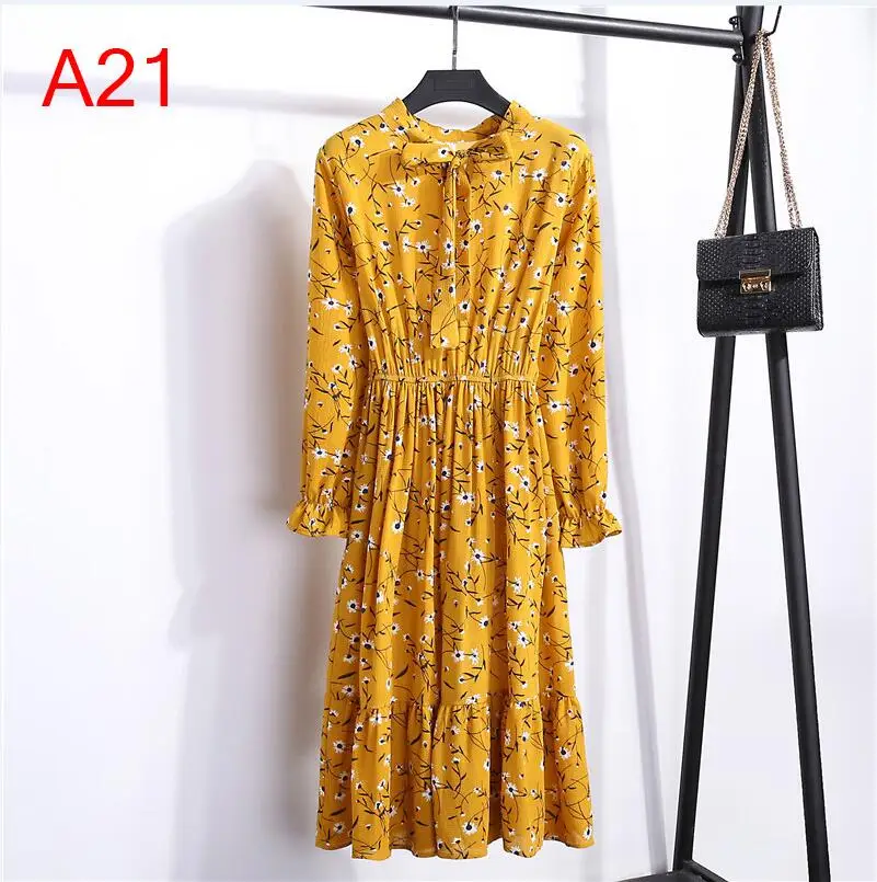 A21 Корейская черная рубашка Vestidos для офиса в горошек, винтажные осенние платья, женское платье Pring, миди платье с цветочным рисунком и длинным рукавом для женщин - Цвет: A21