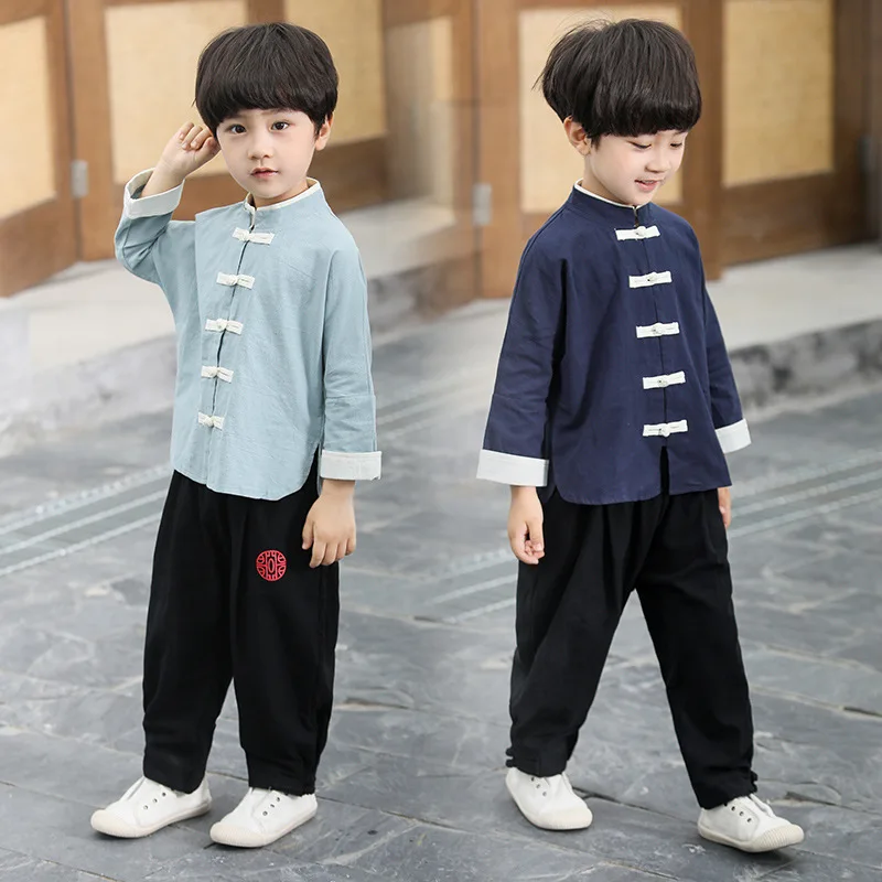 2019hanfu Boys Chinese Style National Tang Sets Stand Collar Button Costume Retro Tang Suit For Children Kids Hanfu Dress SL1067