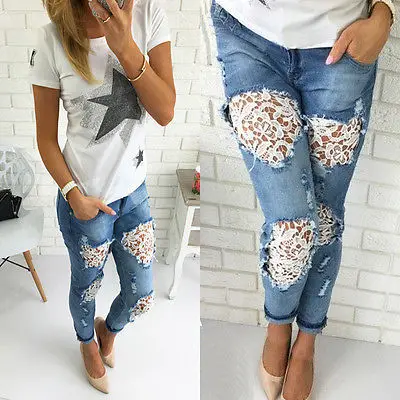 Explosion Models 2019 Summer New Fashion Lace Stitching Hole In The Waist Jeans Women's TrousersSIZE S-2XLStreetwearJeans Woman |
