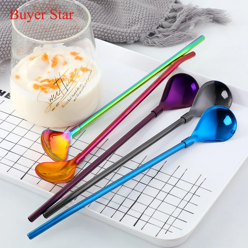 4 Pcs Stainless Steel Drinking Straw Spoon With Long Handle Big Cocktail Coffee Milk Tea Ice Cream Stirring Bar Accessory | Дом и сад