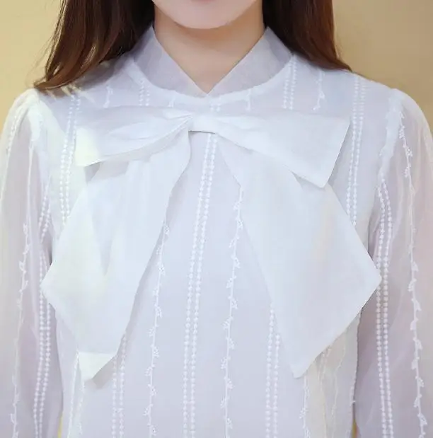

Women 2018 solid color bowknot shirt Lantern sleeve Chiffon shirt long-sleeved white shirt