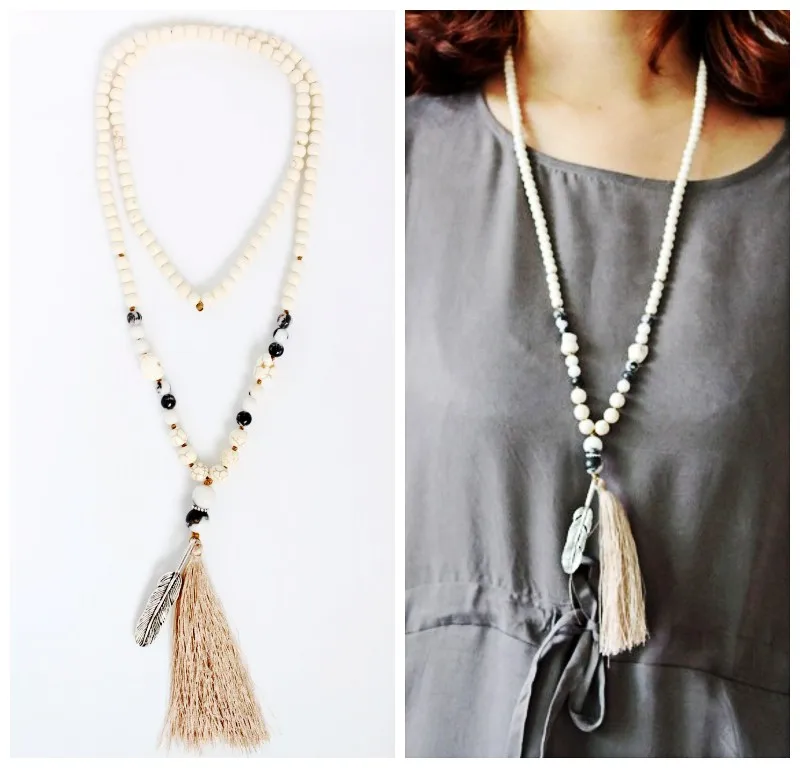 Подвеска с длинной кисточкой ручной работы из белого камня ожерелье узелками в