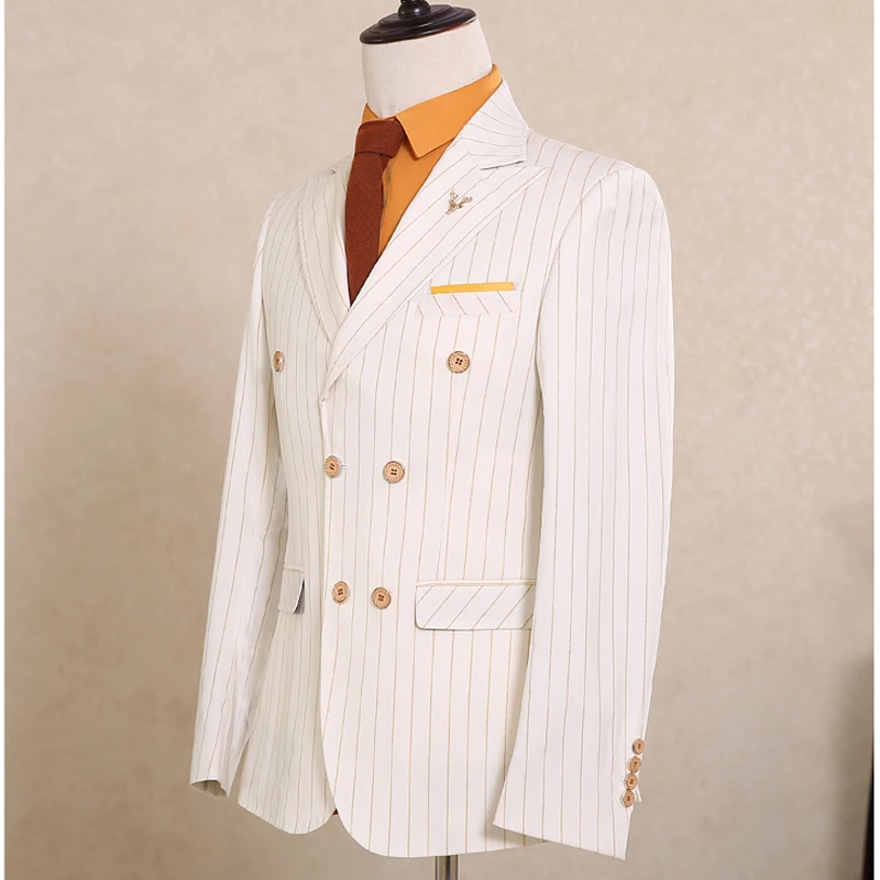 NA13 (пальто + брюки жилет) Мужской кремовый костюм с двойной грудью мужской блейзер