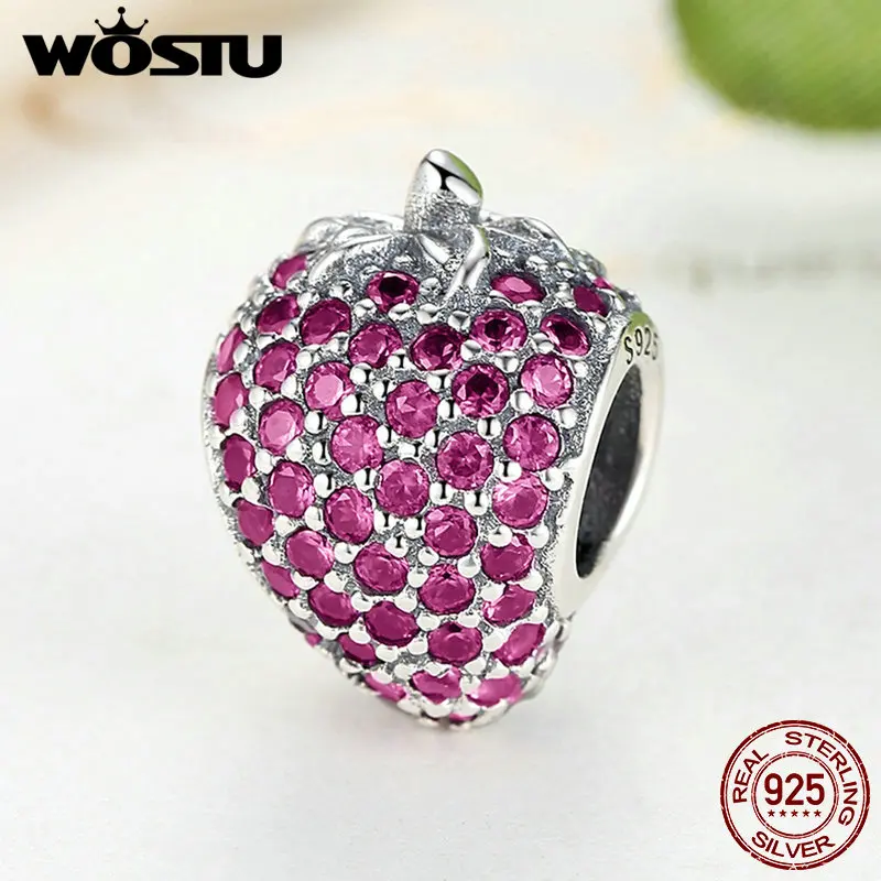 Лидер продаж реальные 925 стерлингового серебра клубника Шарм Бусины Красный CZ