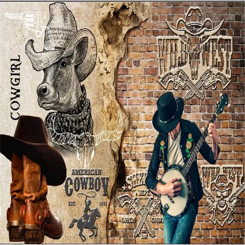 Кастомная обоевая панель Brick Wallpaper 3D American Retro Locomotive Cowboy Mural Wallpapers для ресторана Bar KTV Living Room Wall Murals.