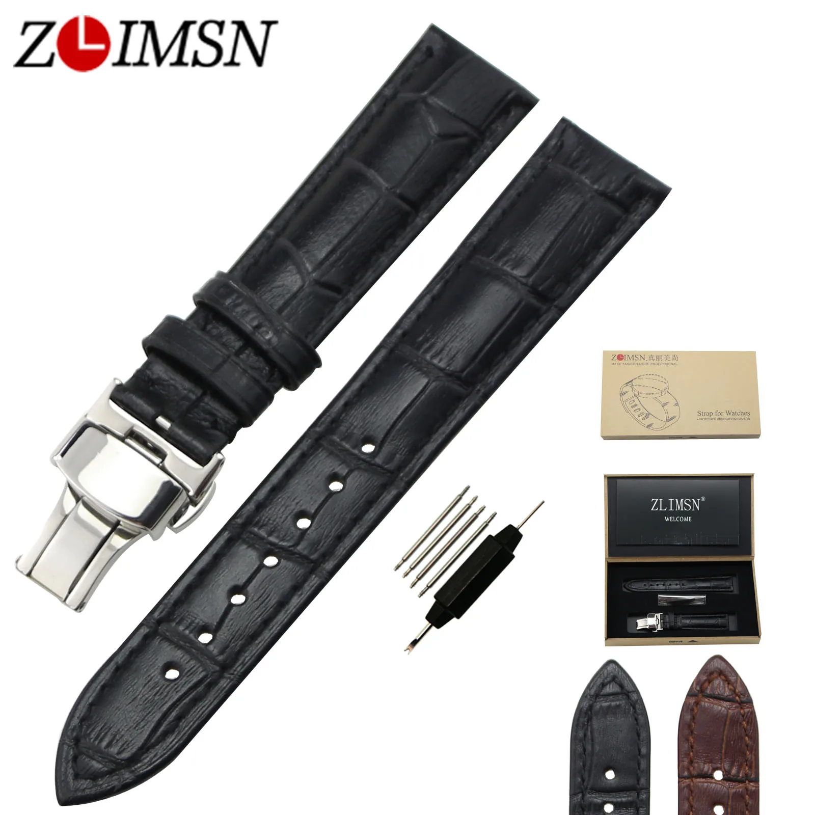 

ZLIMSN Genuine Leather Watchband 18 20mm Watch Strap Stainless Steel Butterfly Buckle Black Brown Wristband Relojes Hombre