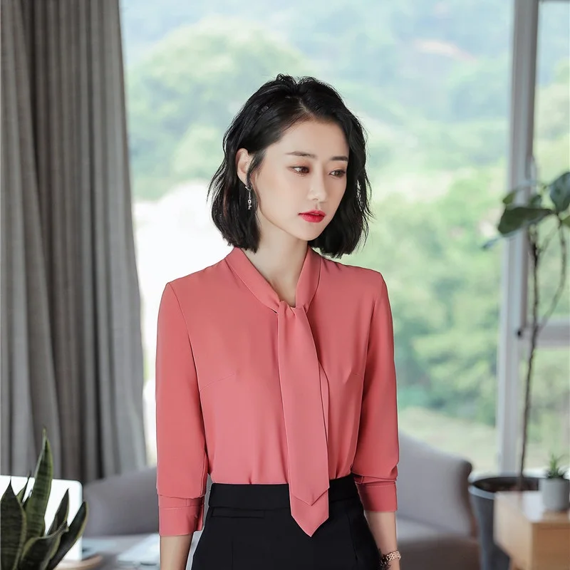 

Fashion Orange Red Shirts Women Blouses OL Styles Ladies Office Work Wear Clothes Female Blouse and Tops With Bow Tie