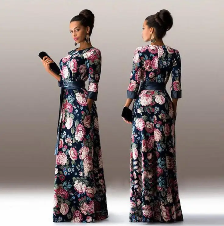 European Style Autumn Dress Women 3/4 sleeve Flower Print A-line Vintage Maxi Long Dresses with Sashes | Женская одежда