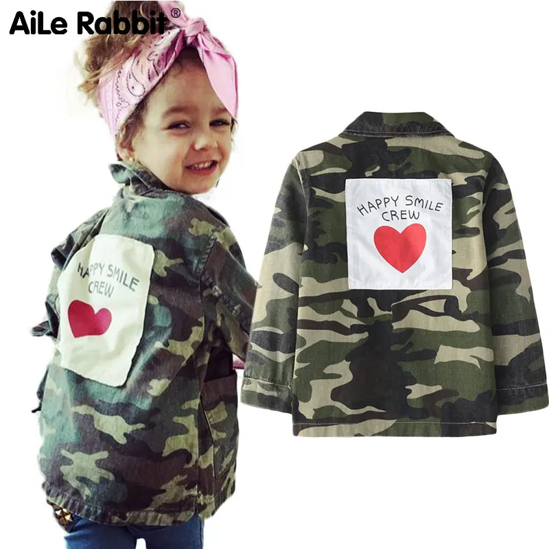 

AiLe Rabbit 2018 Girls Autumn Jacket INS Hot Camouflage Jacket Long sleeve back love letter stickers fashion Brother Sister coat