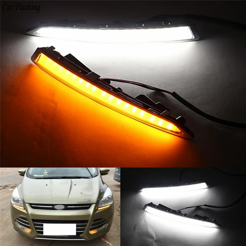 1 пара для Ford Kuga Escape 2013 дневной ходовой светильник DRL светодиодный противотуманный фонарь с желтым поворотным сигналом