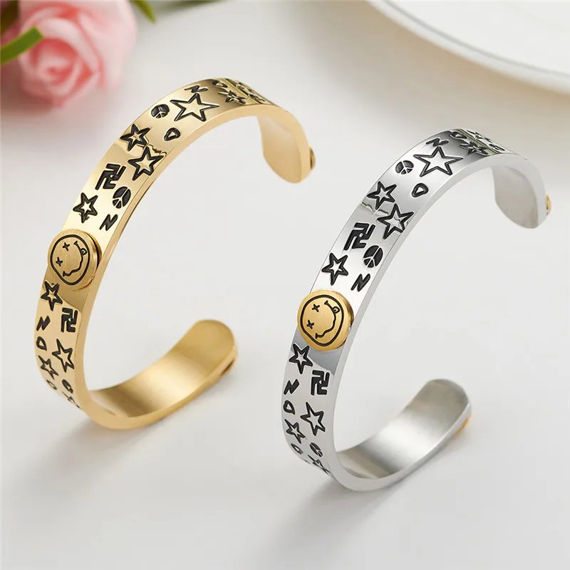 

New Smiling Face Lucky Bracelet Gold Color Stainless Steel Open Bracelets and Bangles for Women Luxury Brand Cuff Bracelets
