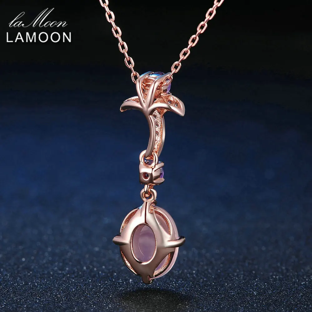 LAMOON- Flower 8X10mm 100% Natural Gemstone Oval Rose Quartz Chain Necklace 925 Sterling Silver Jewelry LMNI013 | Украшения и