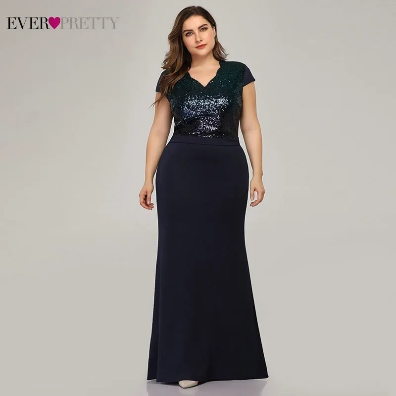 Plus Size Sequined Mermaid Long Prom Dresses 2020 Ever Pretty V-Neck Short Sleeve Elegant Women Party Vestidos De Gala | Свадьбы и