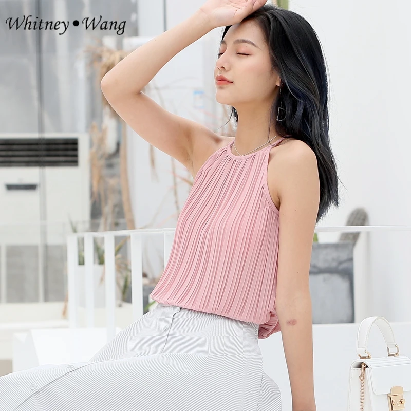 WHITNEY WANG блузки женские 2019 летняя модная уличная однотонная плиссированная блуза